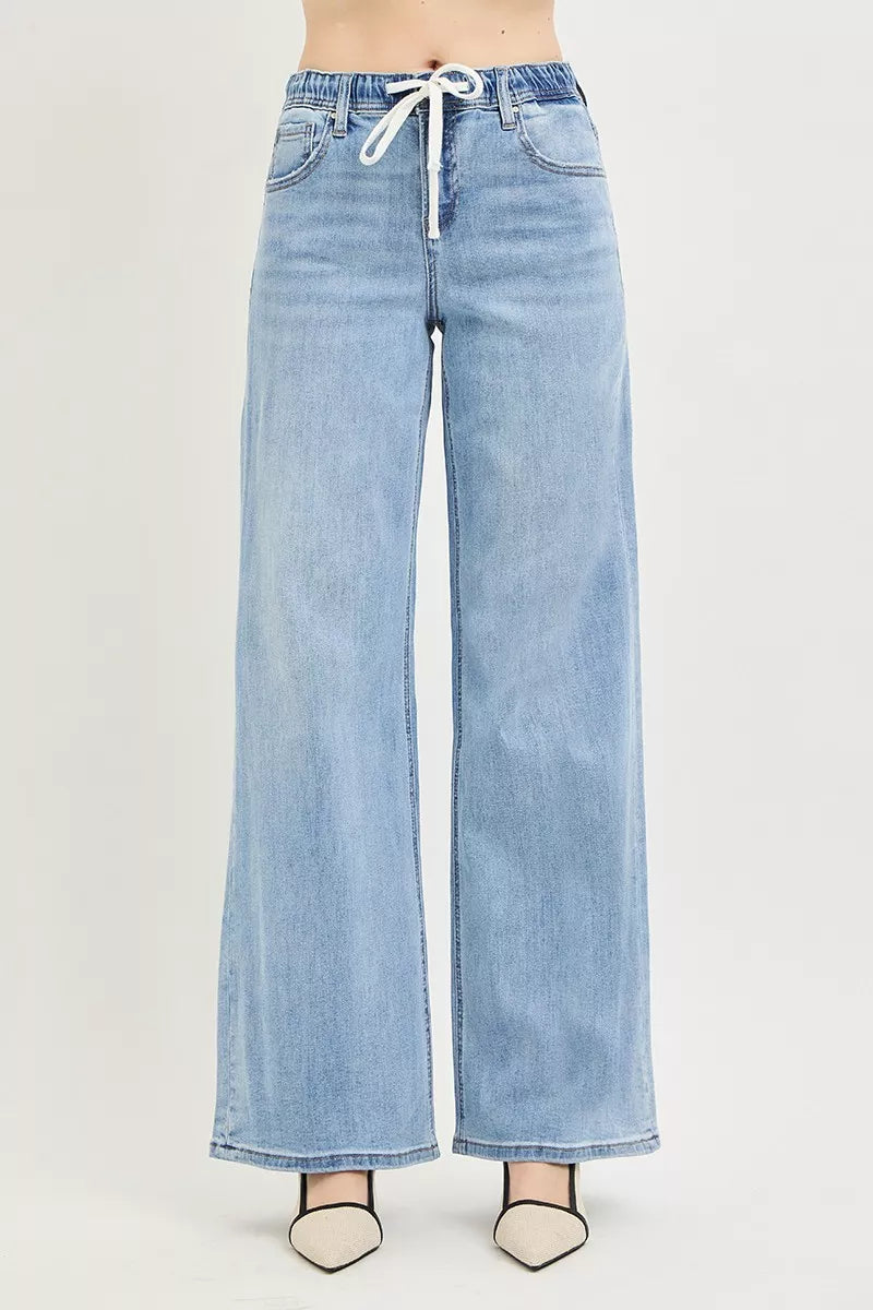 risen elastic band Risen Elastic Band Slouchy Wide Jeans with Drawstring view 3 (bottom) - shop at us.meeeshop