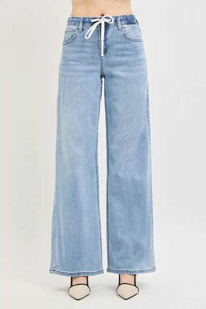risen elastic band Risen Elastic Band Slouchy Wide Jeans with Drawstring view 3 (bottom) - shop at us.meeeshop
