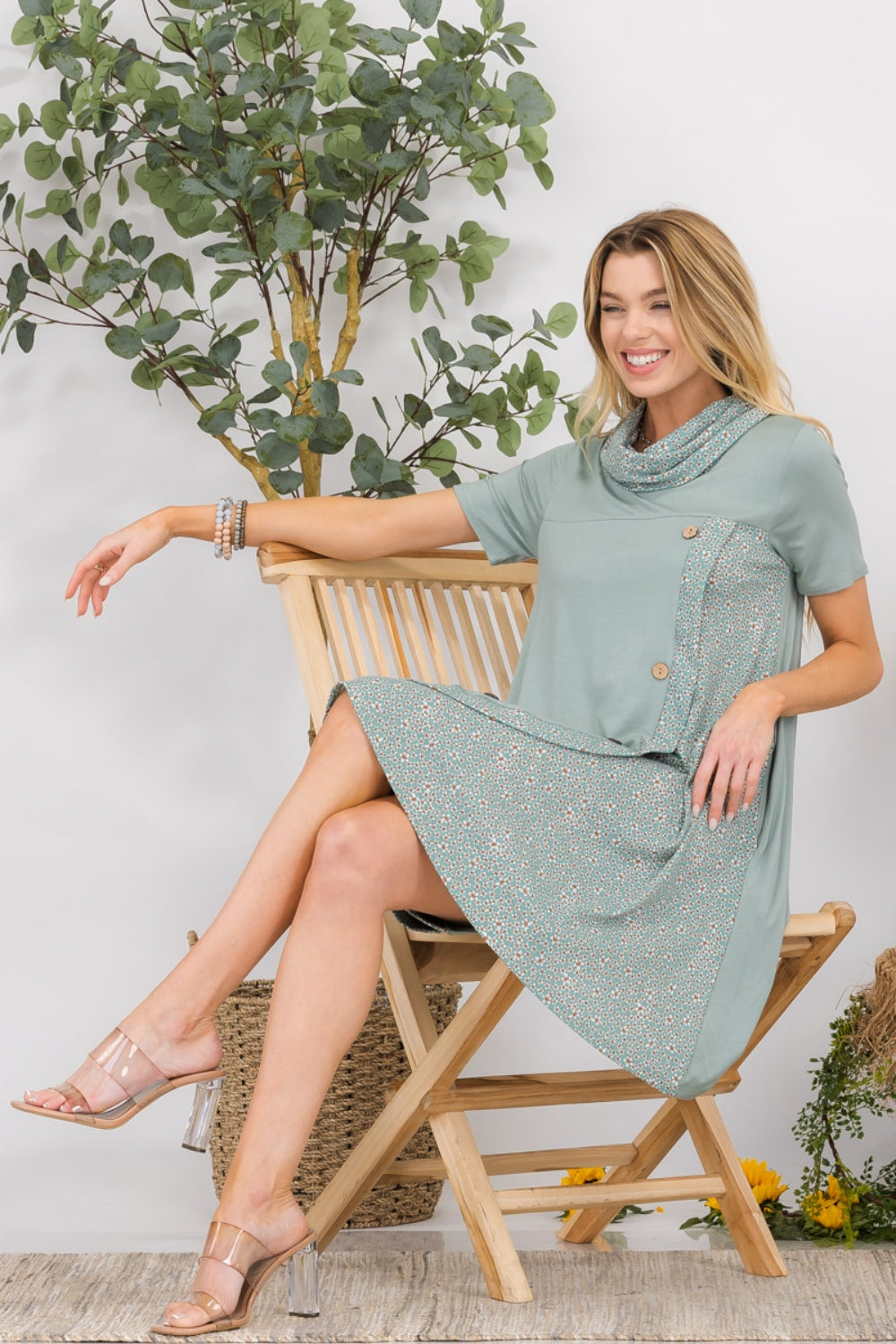 Celeste Full Size Decor Button Short Sleeve Dress with Pockets | us.meeeshop