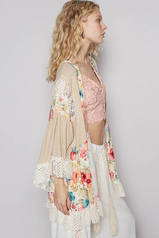 POL Floral Crochet Detail Open Front 3/4 Sleeve Cardigan in Tan - us.meeeshop