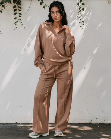 Addie V Neck Pullover and Drawstring Sweatpants Set in Dark Khaki - Set Pullover (top)