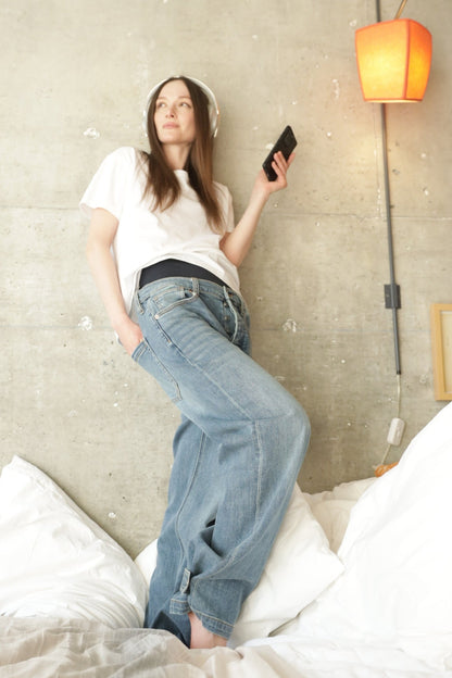 Adjustable Hem Knit Band Wide Leg Jeans - MeeeShop Women's Fashion