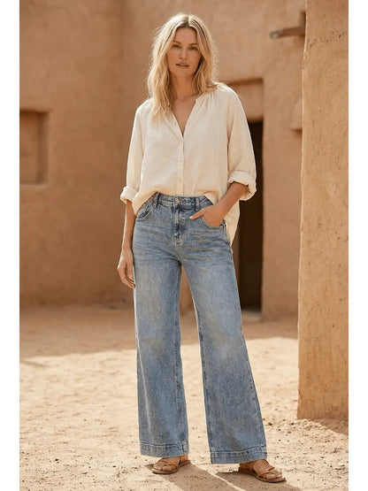 Adjustable Waistband High Rise Baggy Wide Jeans in 1 (24) - High-Waisted - Adjustable Waistband Jeans For Women