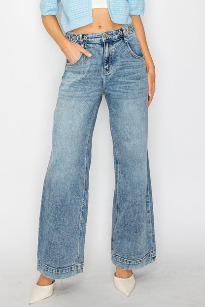 Adjustable Waistband High Rise Baggy Wide Jeans in 9 (28) view 5 - High-Waisted - Adjustable Waistband Jeans For Women
