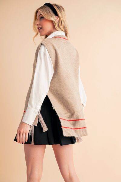 Aemi + Co Ribbed V-Neck Sweater Vest with Tassel - us.meeeshop