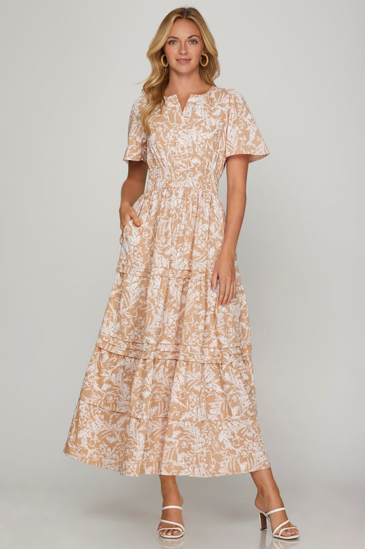 She + Sky Printed Notched Woven Tiered Pintuck Maxi Dress with Side Pockets - us.meeeshop