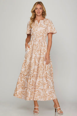 She + Sky Printed Notched Woven Tiered Pintuck Maxi Dress with Side Pockets