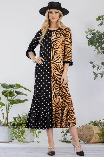 Celeste Polka Dot & Leopard Round Neck Midi Dress Plus Size - us.meeeshop