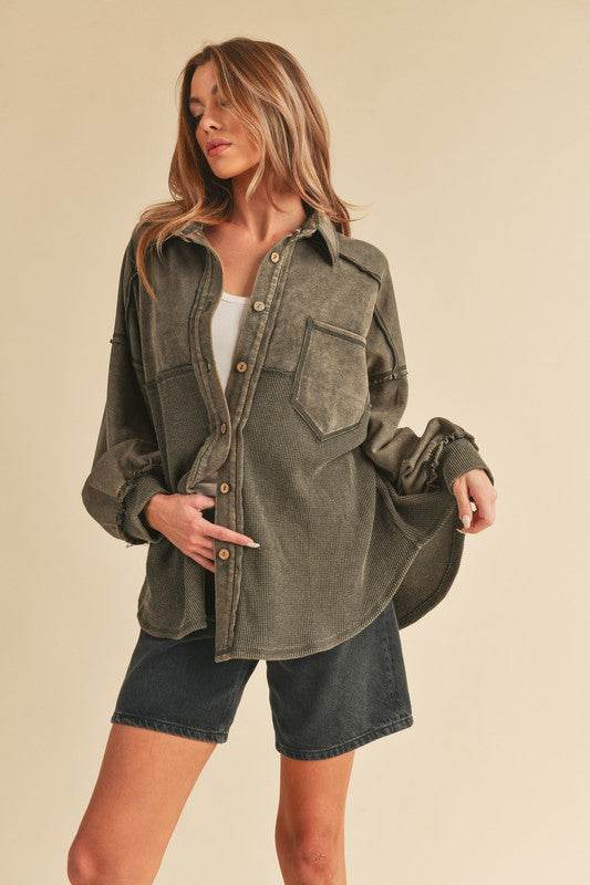 Aemi + Co Acid Washed Exposed Seam Button Up Jacket - us.meeeshop