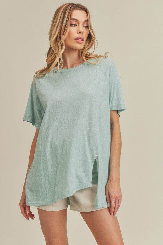 Aemi + Co Asymmetrical Front Slit Round Neck Raglan Sleeve T-Shirt in Sky - us.meeeshop