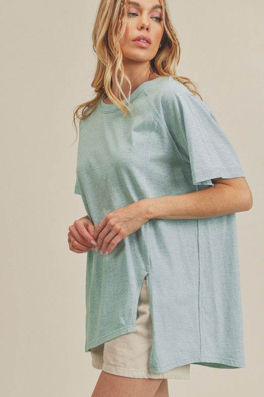 Aemi + Co Asymmetrical Front Slit Round Neck Raglan Sleeve T-Shirt in Sky - us.meeeshop