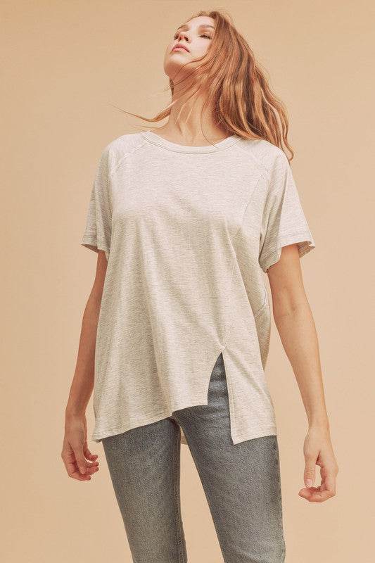 Aemi + Co Asymmetrical Front Slit Round Neck Raglan Sleeve T-Shirt - us.meeeshop