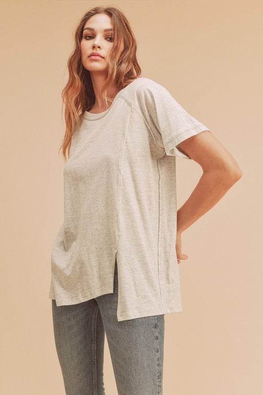 Aemi + Co Asymmetrical Front Slit Round Neck Raglan Sleeve T-Shirt - us.meeeshop