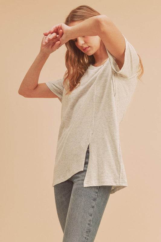 Aemi + Co Asymmetrical Front Slit Round Neck Raglan Sleeve T-Shirt - us.meeeshop