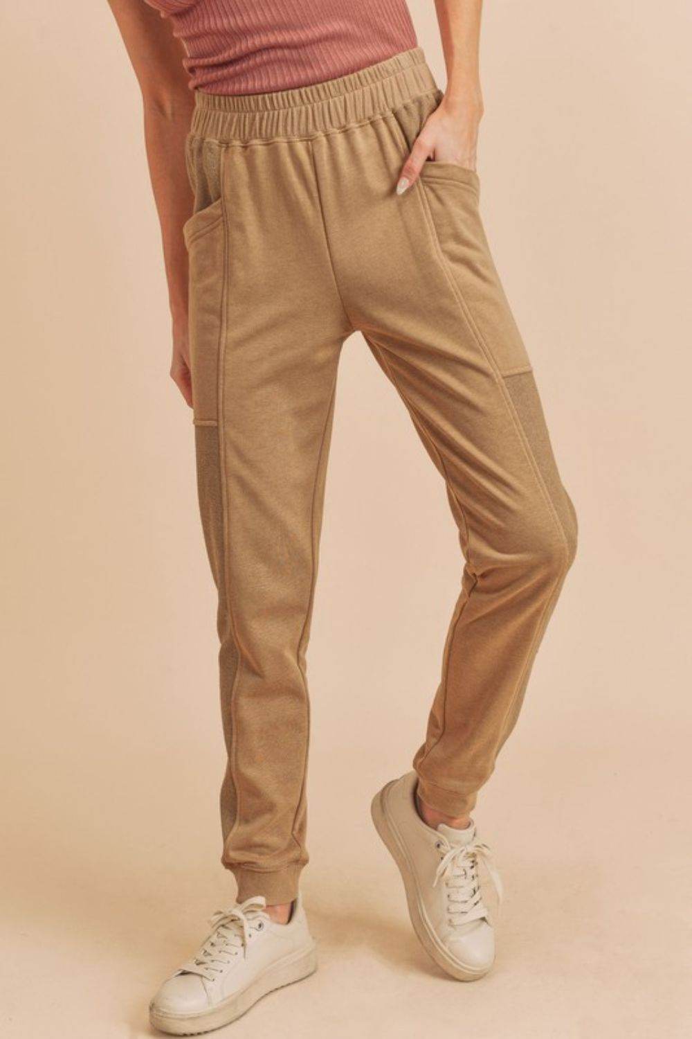 Aemi + Co Elastic Waist Joggers with Pockets in Oatmeal - us.meeeshop