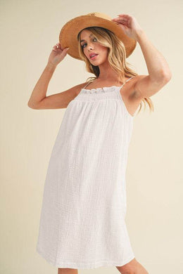 Aemi + Co Embroidered Trim Gauze Square Neck Mini Cami Dress in White