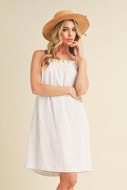 Aemi + Co Embroidered Trim Gauze Square Neck Mini Cami Dress in White - us.meeeshop