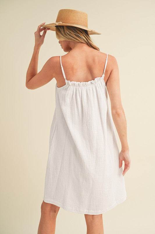 Aemi + Co Embroidered Trim Gauze Square Neck Mini Cami Dress in White - us.meeeshop