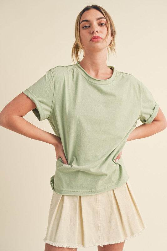 Aemi + Co Exposed Seam Round Neck Short Sleeve T-Shirt in Sage - us.meeeshop