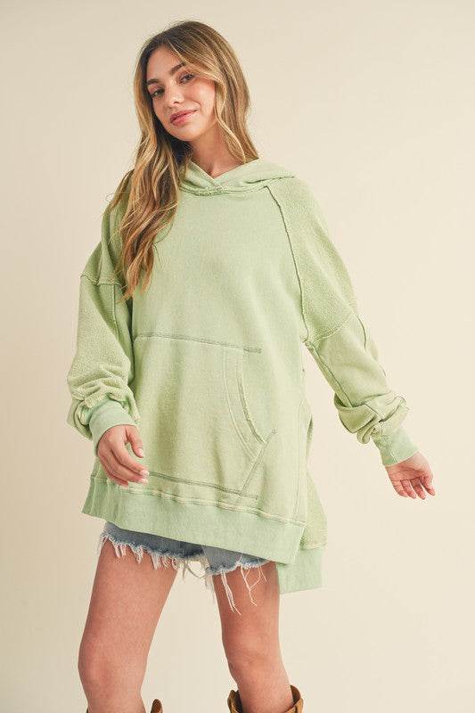 Aemi + Co Exposed Seam Side Slit Hoodie with Kangaroo Pocket - us.meeeshop