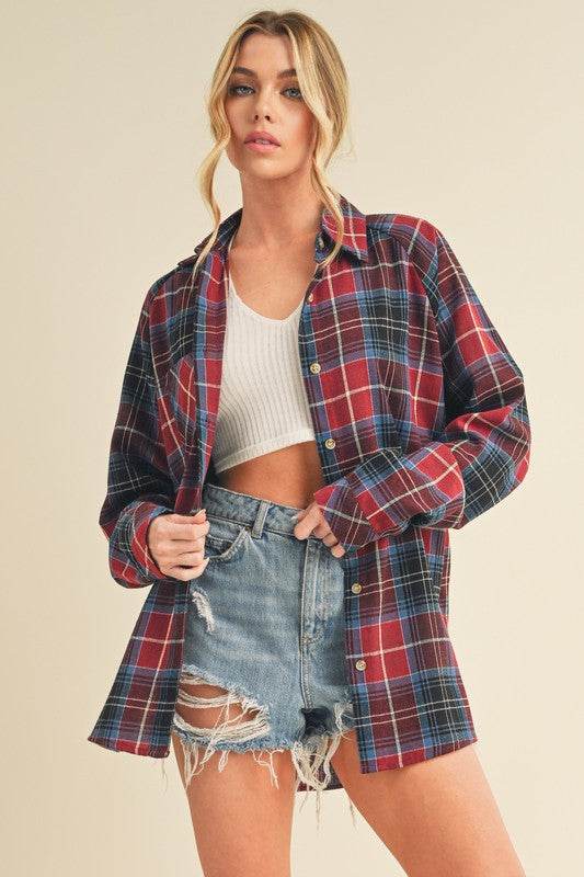 Aemi + Co Flannel Plaid Button Up Raglan Sleeve Shirt - us.meeeshop