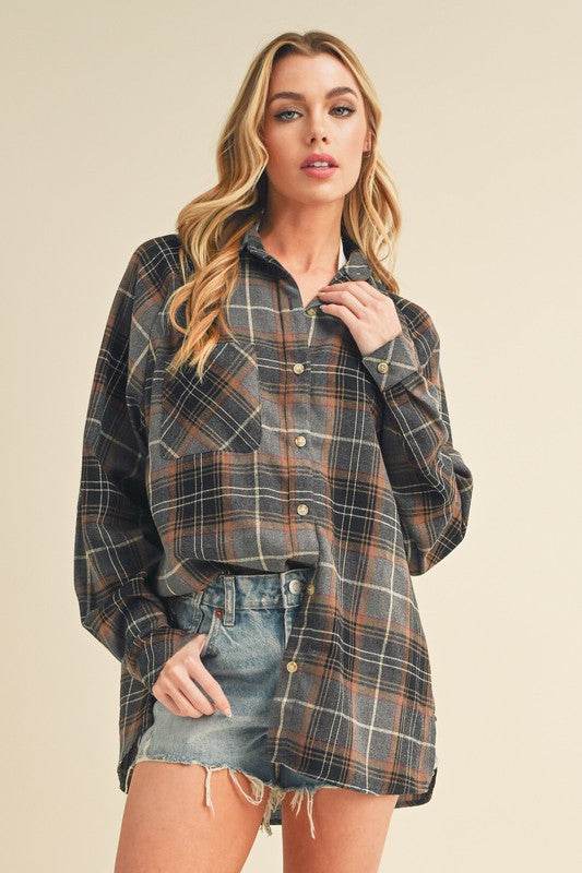 Aemi + Co Flannel Plaid Button Up Raglan Sleeve Shirt - us.meeeshop