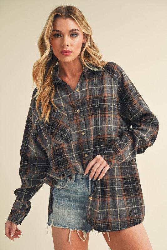 Aemi + Co Flannel Plaid Button Up Raglan Sleeve Shirt - us.meeeshop