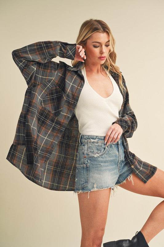 Aemi + Co Flannel Plaid Button Up Raglan Sleeve Shirt - us.meeeshop