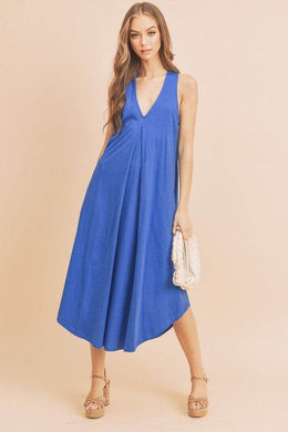 Aemi + Co Front Pleat Detail V-Neck Sleeveless Midi Dress in Royal Blue