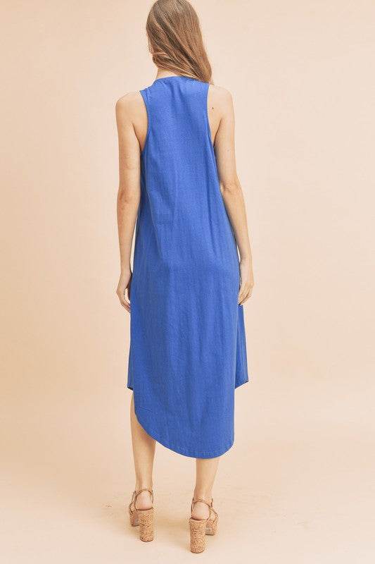 Aemi + Co Front Pleat Detail V-Neck Sleeveless Midi Dress in Royal Blue - us.meeeshop