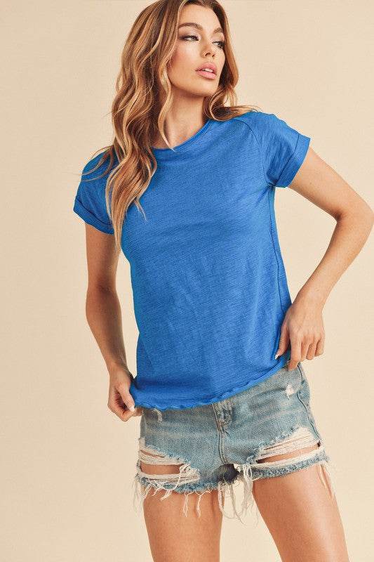 Aemi + Co Lettuce Edge Round Neck Short Sleeve T-Shirt in Blue - us.meeeshop