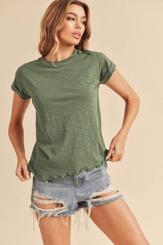 Aemi + Co Lettuce Edge Round Neck Short Sleeve T-Shirt in Dark Green - us.meeeshop