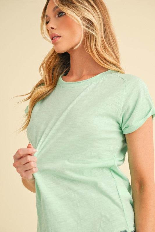 Aemi + Co Lettuce Edge Round Neck Short Sleeve T-Shirt in Light Green - us.meeeshop