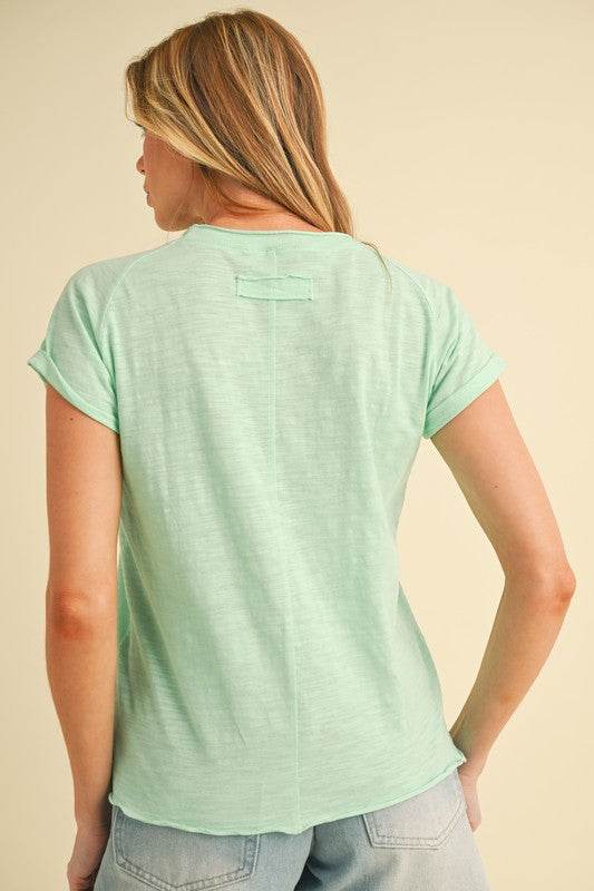 Aemi + Co Lettuce Edge Round Neck Short Sleeve T-Shirt in Light Green - us.meeeshop