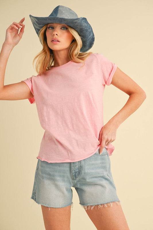 Aemi + Co Lettuce Edge Round Neck Short Sleeve T-Shirt in Pink - us.meeeshop