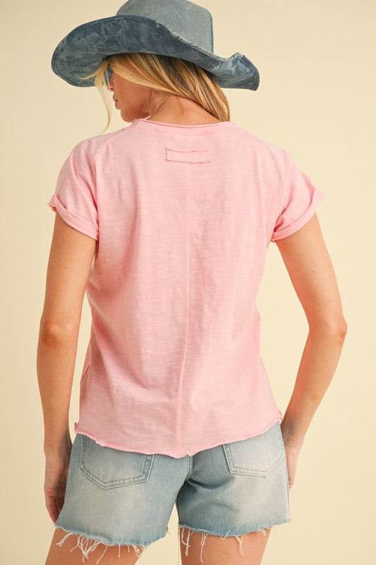 Aemi + Co Lettuce Edge Round Neck Short Sleeve T-Shirt in Pink - us.meeeshop