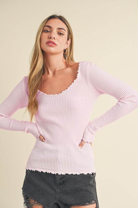 Aemi + Co Lettuce Hem Scoop Neck Long Sleeve Knit Top in Blush Pink - us.meeeshop