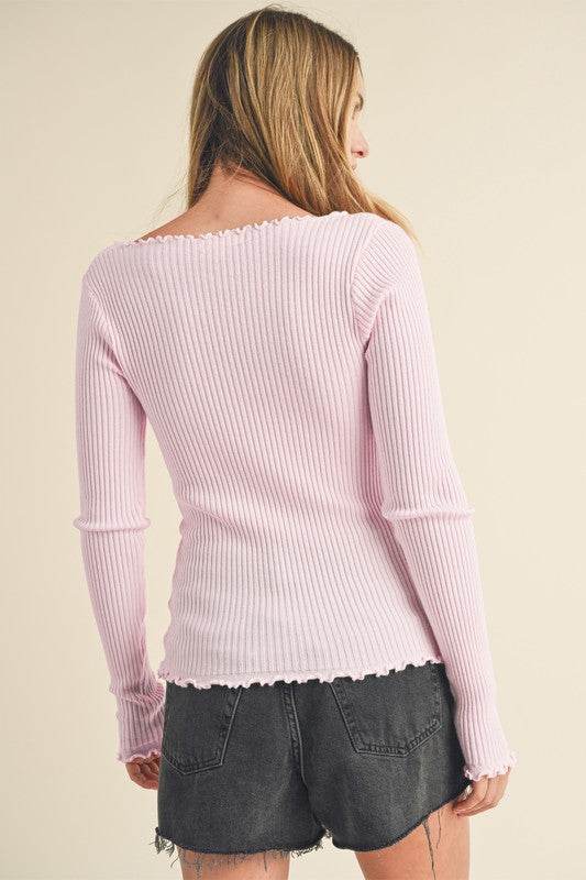 Aemi + Co Lettuce Hem Scoop Neck Long Sleeve Knit Top in Blush Pink - us.meeeshop