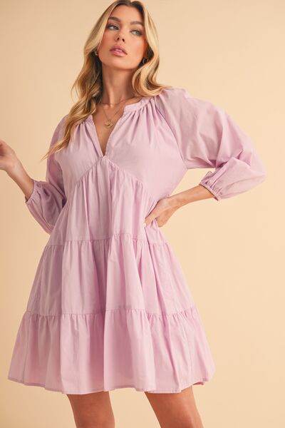 Aemi + Co Notched Balloon Sleeve Tiered Mini Dress - us.meeeshop