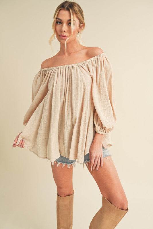 Aemi + Co Off-Shoulder Balloon Sleeve Blouse in Oatmeal - us.meeeshop