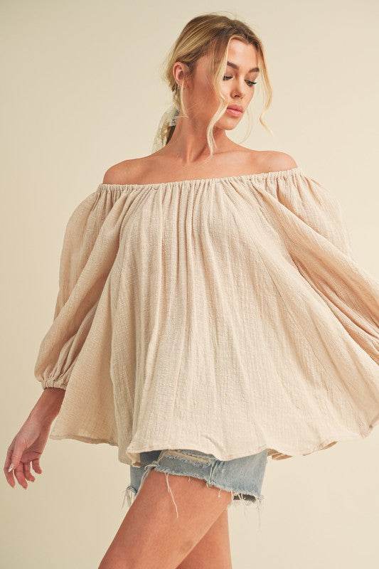 Aemi + Co Off-Shoulder Balloon Sleeve Blouse in Oatmeal - us.meeeshop