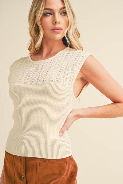 Aemi + Co Openwork Round Neck Cap Sleeve Knit Top - us.meeeshop