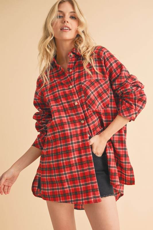 Aemi + Co Plaid Button Up Flannel Shirt with Chest Pocket in Deep Red - us.meeeshop