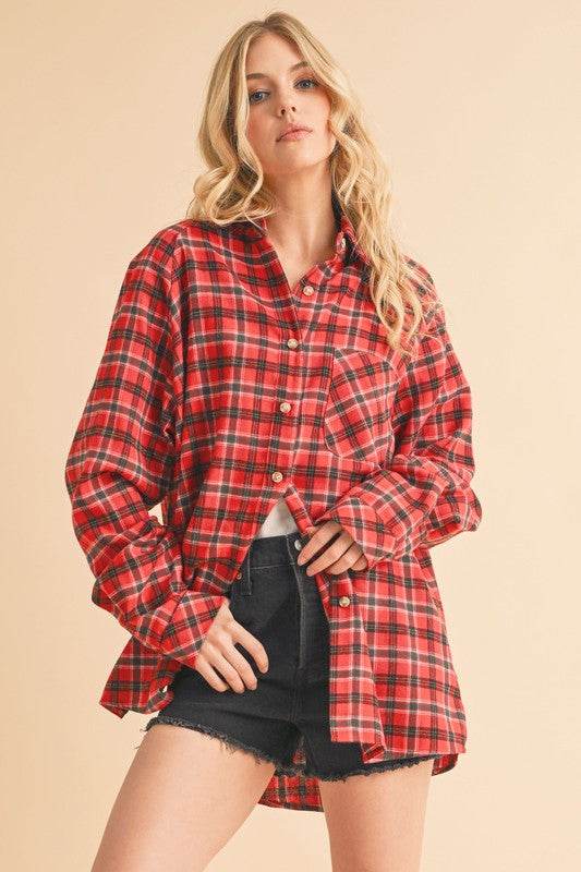 Aemi + Co Plaid Button Up Flannel Shirt with Chest Pocket in Deep Red - us.meeeshop