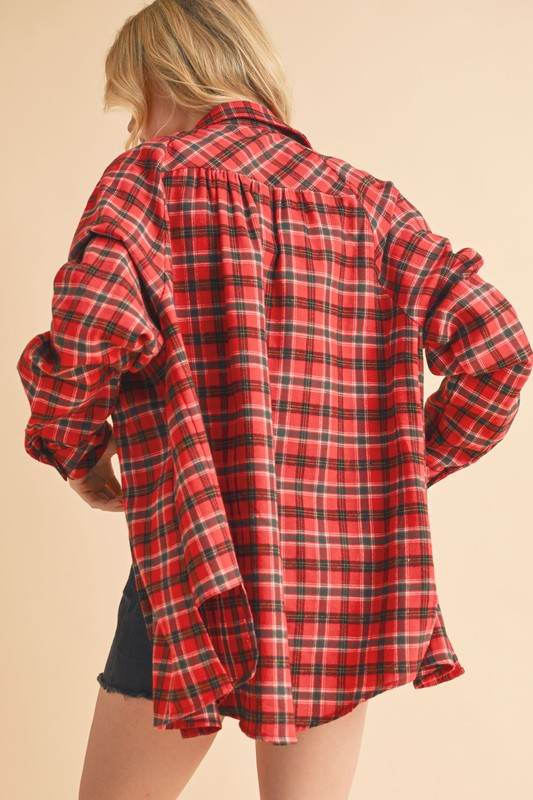 Aemi + Co Plaid Button Up Flannel Shirt with Chest Pocket in Deep Red - us.meeeshop