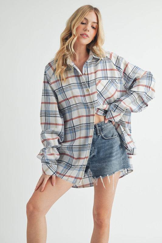 Aemi + Co Plaid Button Up Flannel Shirt with Chest Pocket - us.meeeshop