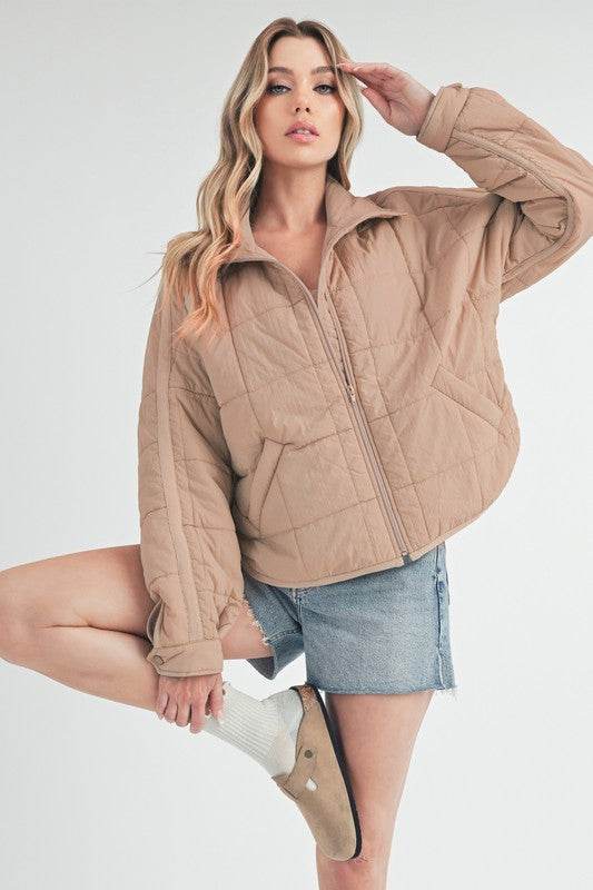 Aemi + Co Quilted Zip Up Puffer Jacket in Oatmeal - us.meeeshop