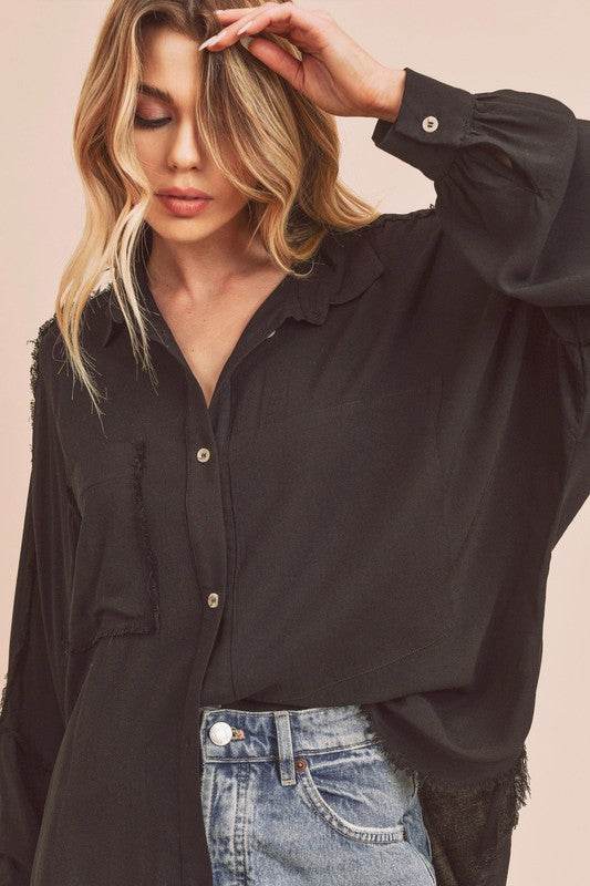 Aemi + Co Raw Edge Exposed Seam Collared Neck Long Sleeve Shirt in Black - us.meeeshop