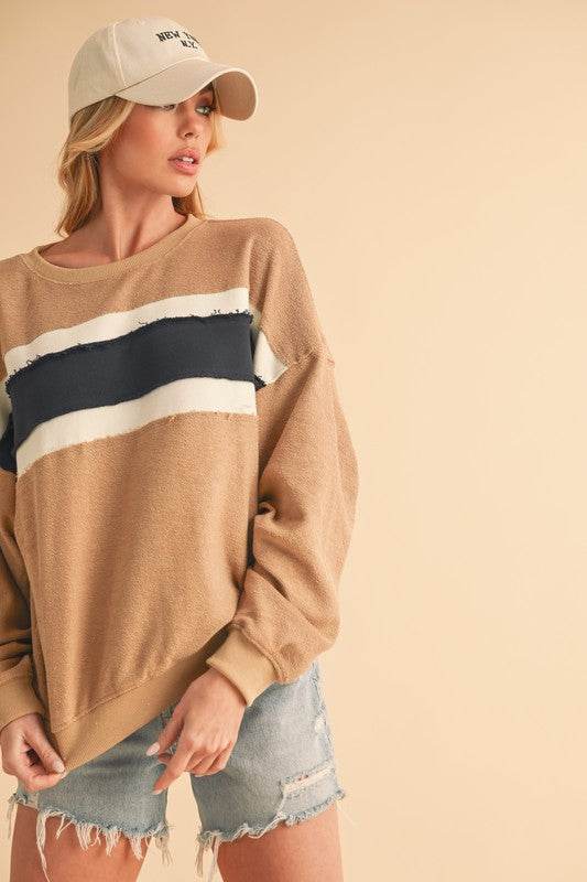 Aemi + Co Raw Hem Contrast Striped Dolman Sleeve Sweatshirt - us.meeeshop