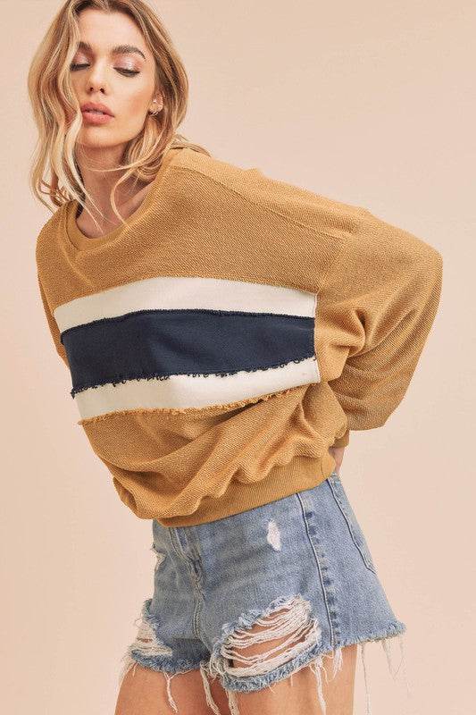 Aemi + Co Raw Hem Contrast Striped Dolman Sleeve Sweatshirt - us.meeeshop